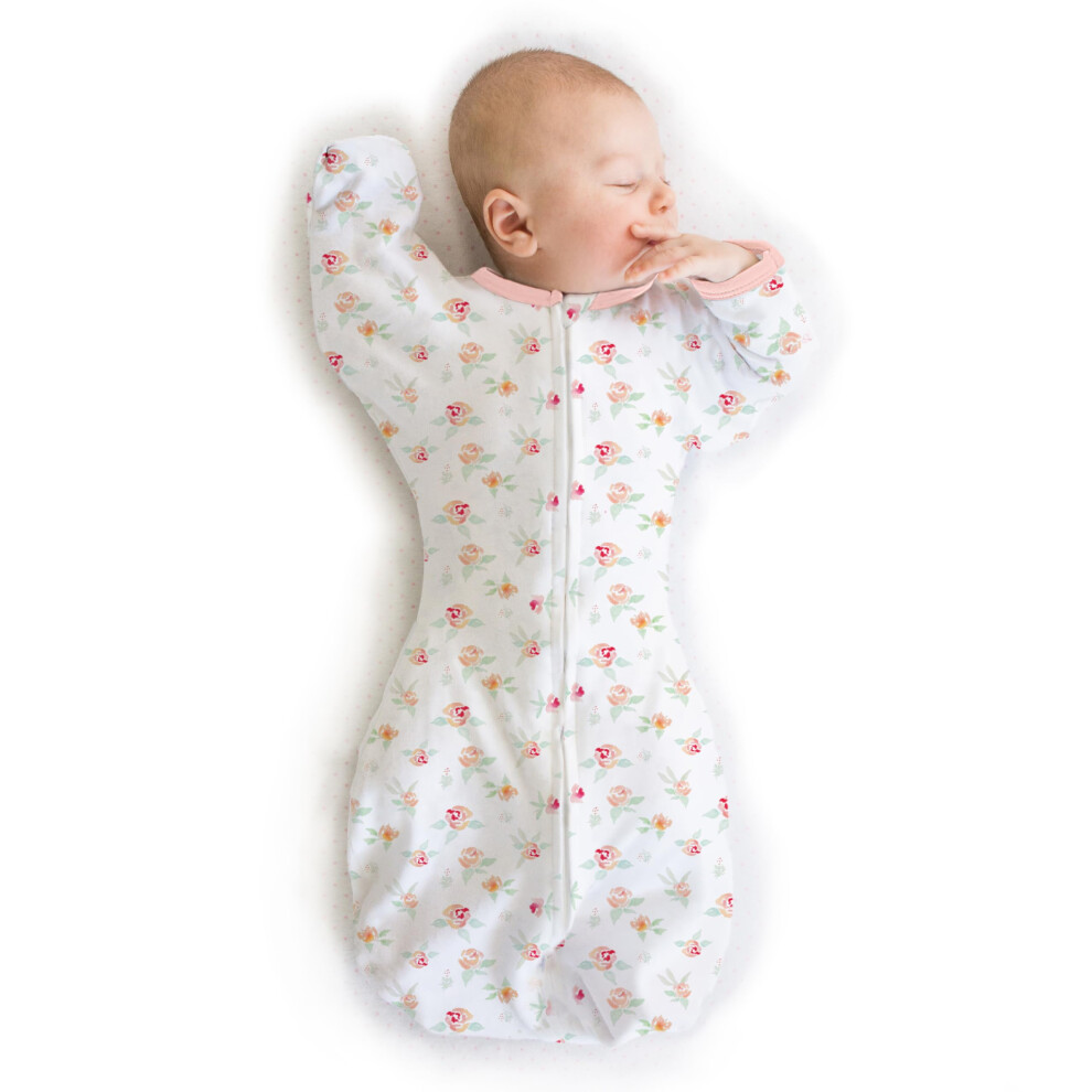 Transitional Swaddle Sack With Arms Up Half-Length Sleeves And Mitten Cuffs Watercolor Peachy Floral Small 0-3 Mo 6-14 Lbs (Be Pink Swaddledesigns
