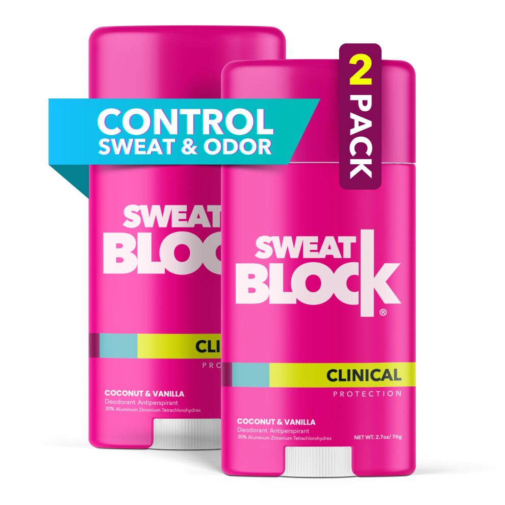 SweatBlock Deodorant Antiperspirant for Women | Clinical 48 Hour Sweat & Odor Protection  Coconut & Vanilla (2 Pack)