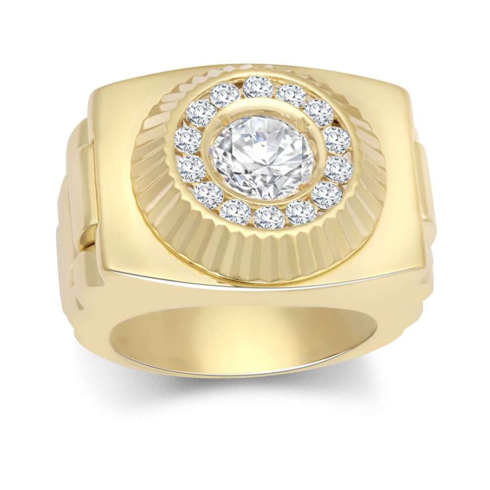 (T) Jewelco London Mens 9ct Gold White Cubic Zirconia Fluted Sunburst Bezel Watch Strap Cluster Solitaire Ring - JRN569