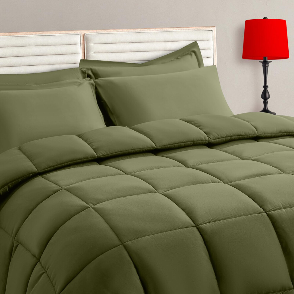 Parure de lit 7 pi  ces TAIMIT vert olive avec couette r  versible, drap plat, drap-housse, 2 taies d'oreiller et 2 taies d'oreiller.