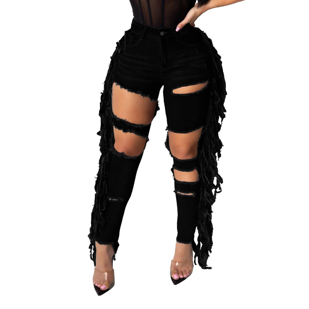 Jean ? Pompons Pour Femme, Skinny D?Chir?, Extensible, Taille Haute, En Denim, Taille Xx-Large-image