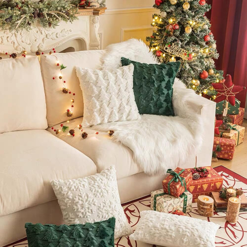 Capa de Almofada de Árvore de Natal Set de 2 18x18 polegadas, 3D Formato de Árvore de Natal em Pelúcia 1