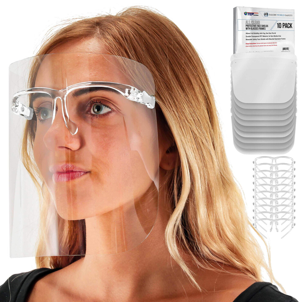 Tcp Global Salon World Safety Face Shields With All Clear Glasses Frames (Pack Of 10) - Ultra Clear Full Face Shields 848849070309