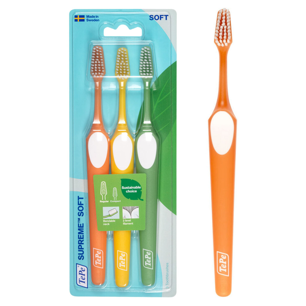 TEPE Supreme Toothbrush  Soft Bristle Toothbrush  Tapered Brush Head for Sensitive Teeth and Gum Care  Adult  3 Pack