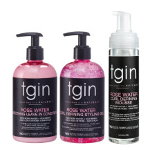 tgin Pacote de Estilo: Condicionador Leave In com Água de Rosa, Gel Definidor e Mousse - Conjunto de Presentes