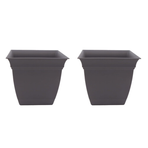 The HC Companies Vaso Quadrado Eclipse 10 Polegadas com Prato - Vaso para Plantas Interior Exterior, Cinza Quente (Pacote de 2)