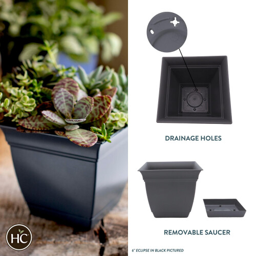 The HC Companies Vaso Quadrado Eclipse 10 Polegadas com Prato - Vaso para Plantas Interior Exterior, Cinza Quente (Pacote de 2) 1