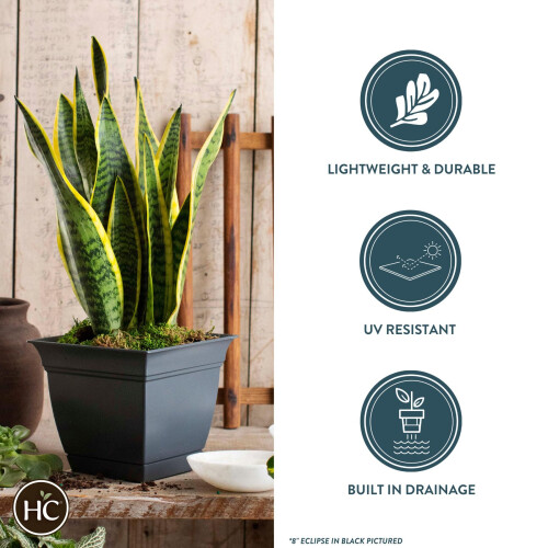 The HC Companies Vaso Quadrado Eclipse 10 Polegadas com Prato - Vaso para Plantas Interior Exterior, Cinza Quente (Pacote de 2) 2