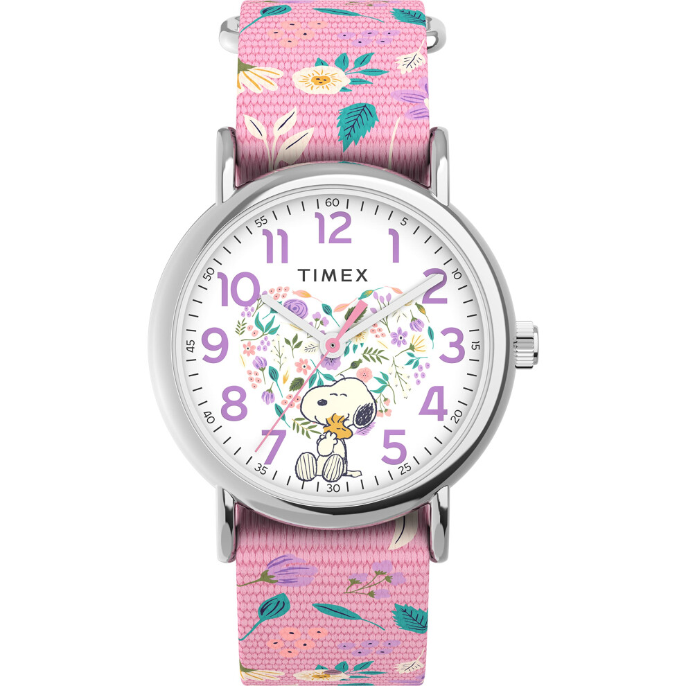 Timex X Peanuts in Bloom Women's Weekender 38mm Watch - Pink Strap White Dial Silver-Tone Case