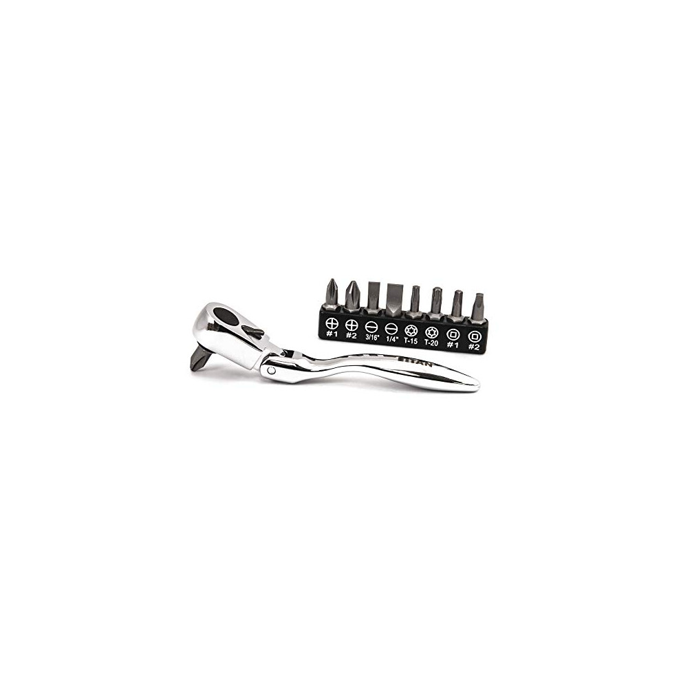 Titan 11212 4-1/8-Inch Flex-Head Offset Micro Ratcheting Bit Driver And Bit Set 802090112126