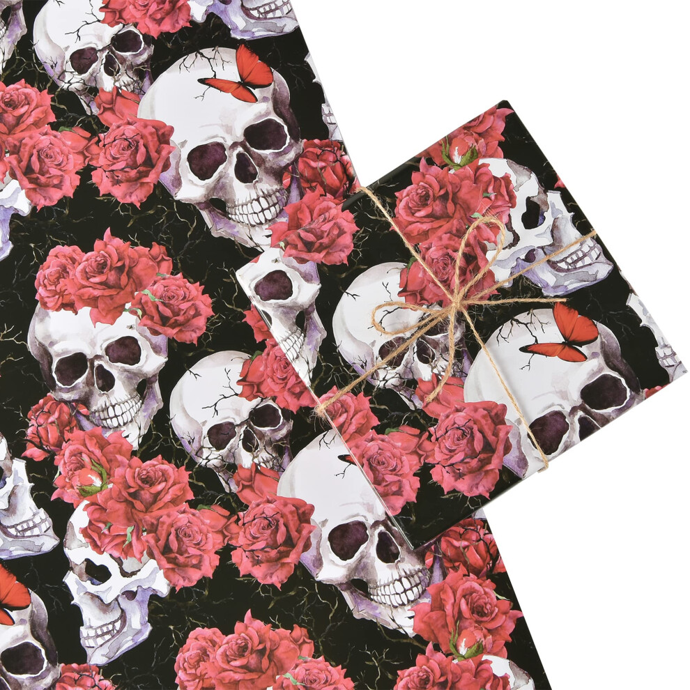Titiweet Carta Da Regalo Gotica Per Halloween, Motivo Teschio E Fiori, 6 Fogli Di Carta Da Regalo Per Halloween E Natale, 50 X 71 Cm Per Foglio-image