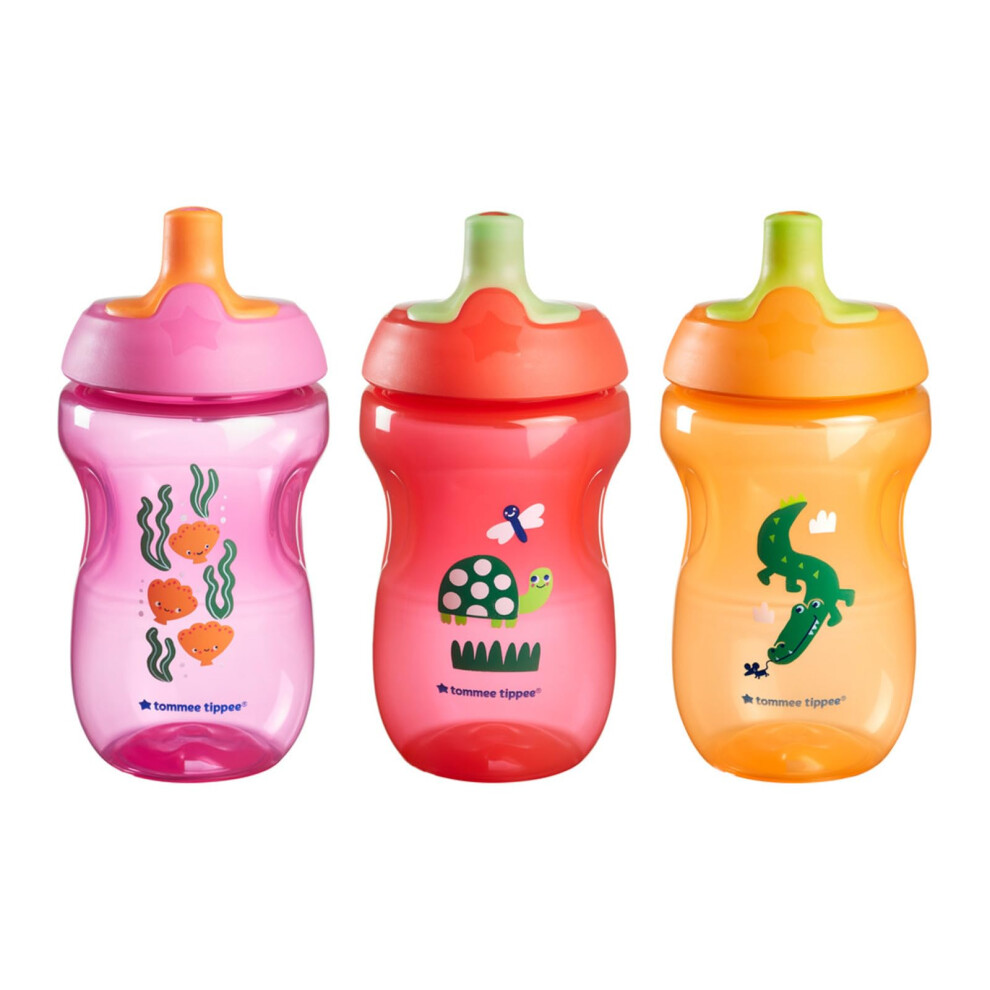 Tommee Tippee Sportee Bottle  Sippy Cup for Toddlers  12 Months+  10oz  Spill-Proof  Bite Resistant Spout  Easy to Hold Design  Pack of 3  Pink  Red a