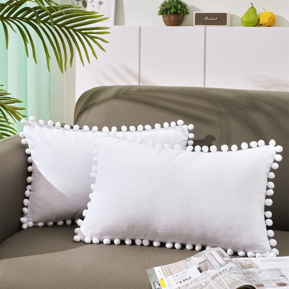 Top Finel Lot de 2 housses de coussin d   coratives 12x20 pour lit voiture Housses de coussin lombaires blanc pur avec pompons Taies d'oreiller en