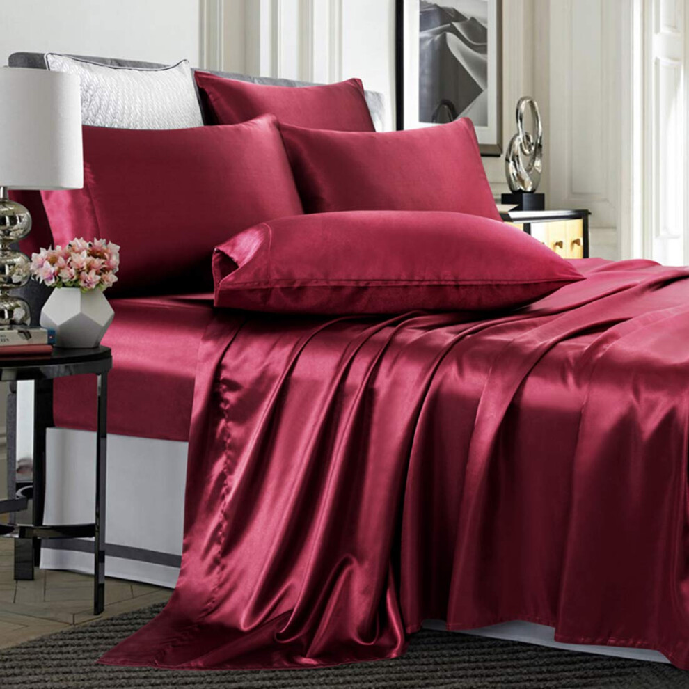 Parure de lit TREELY 6 pi   ces en satin bordeaux soyeux, king size, avec drap-housse en satin     poche profonde, drap plat et 4 taies d'oreiller en