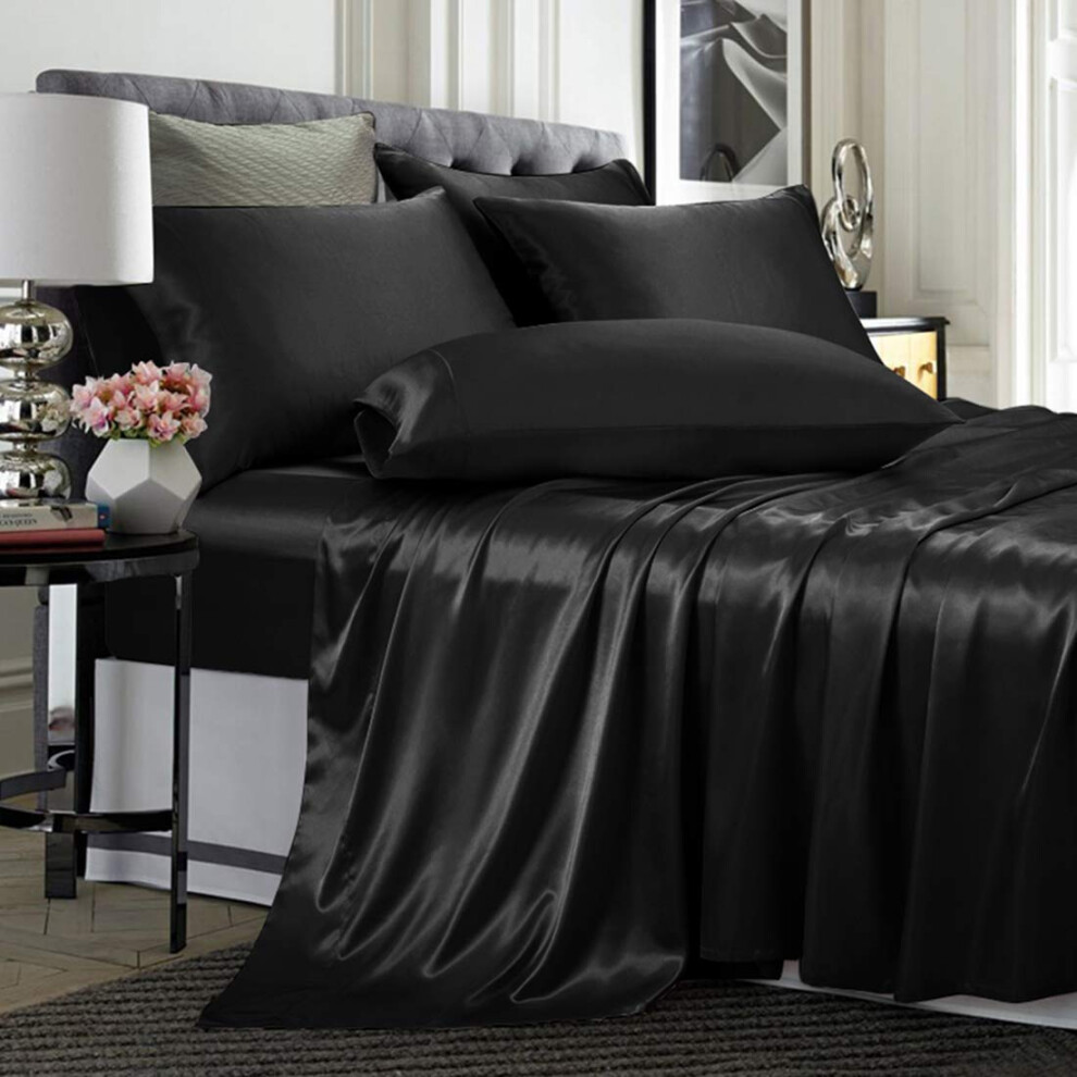 Parure de lit TREELY 6 pi   ces en satin noir soyeux, king size, avec drap-housse en satin     poche profonde, drap plat et 4 taies d'oreiller en sat