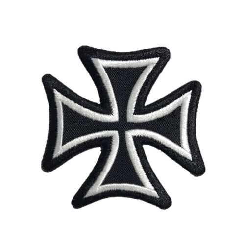 Emblema Cruz de Ferro, 3 polegadas - Branco Sobre Preto, Motocicleta Maltês, Aplicação de Ferro/Sew