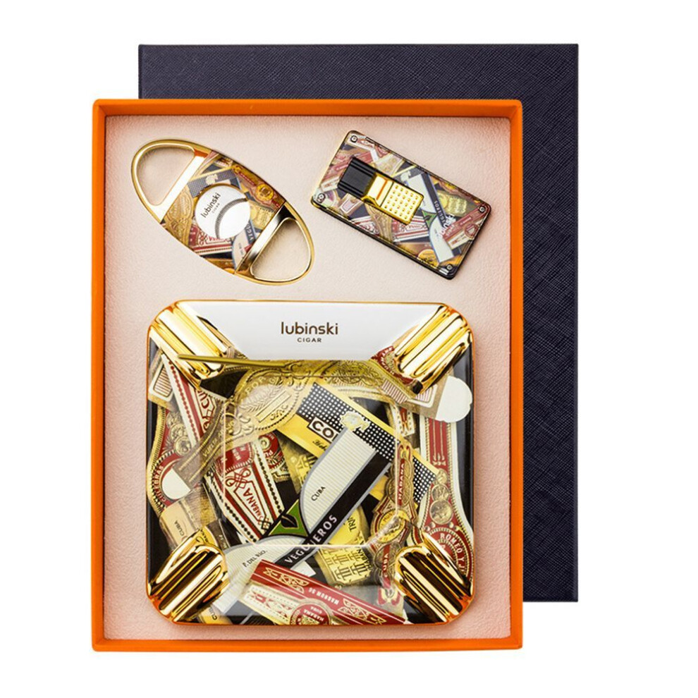 Yeuligo Cigar Tools Suit Windproof Direct Punch Lighter Ceramic Ashtray Double Blade Scissors Three-Piece Gift Box