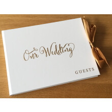 White Wedding Guest Book Gift With Gold Ribbon