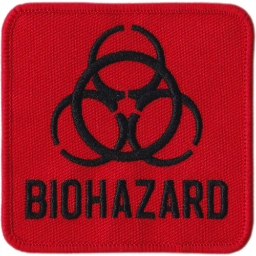 Biohazard - Black on Red Background - Embroidered Iron On or Sew On Patch