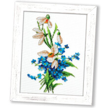 Povitrulya Spring Flowers Cross Stitch Kit Snowdrops  | Embroidery Set with White Floral Pattern and 16 Count Aida Fabric