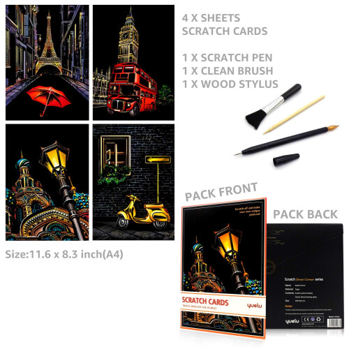 WideSmart Carta Per Graffi Arcobaleno A4 Con Effetto Glow | 8 Fogli + 2 Strumenti Per Scratch Art | Kit Creativo Per Bambini E Adulti - 4