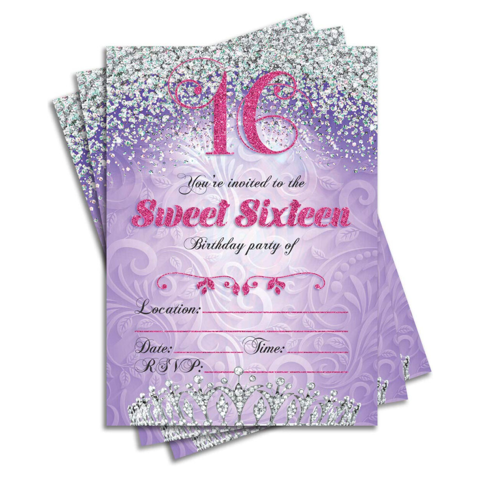 Lot De 25 Invitations Recto Verso Violettes Pour F Te D'anniversaire De 16 Ans De Jt Studios, Format 5 X 7, Avec Enveloppes.-image