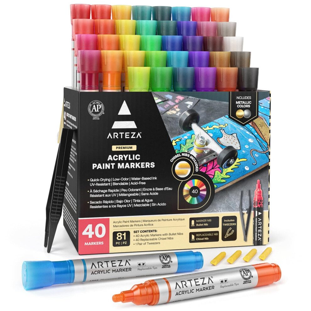 ARTEZA Acrylic Paint Markers  Set of 40 Acrylic Paint Pens in Assorted Colors  Art Markers for Glass  Pottery  Ceramic  Plastic  Rocks  and Canvas