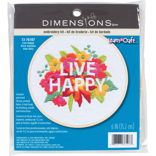 Kit de Bordado Dimensions 72-76107 Live Happy com Arco de Bambu de 6"