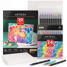 Arteza akvarelmaleri Art Set Real Brush Pens 24 og sammenfoldelige lærredspapirbundt DIY Kit Art Supplies til kunstnere og hobbymalere