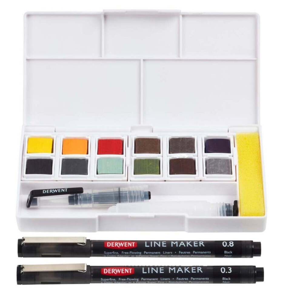 Derwent Line & Wash Paint Set  Professional Quality  Fine Line Pens  Inktense Colors  Art Supplies for Adults  Portable  Travel Set Includes 12 Paint