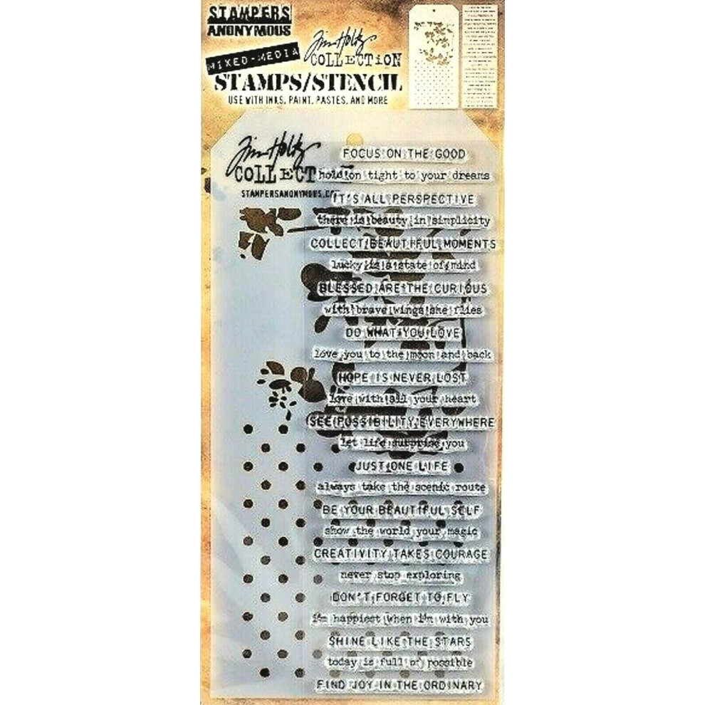 Tim Holtz Collectie Stamper's Anonymous Tim Holtz Polka Dot Blossom Sayings Mixed Media Stempel- en Stencilset THMM113