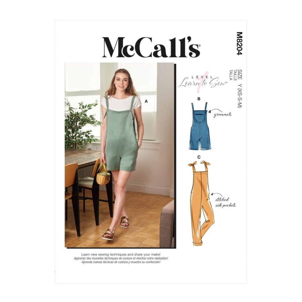 Patron de couture pour salopette pour femme McCall's, code M8204, tailles XS     SM, multicolore