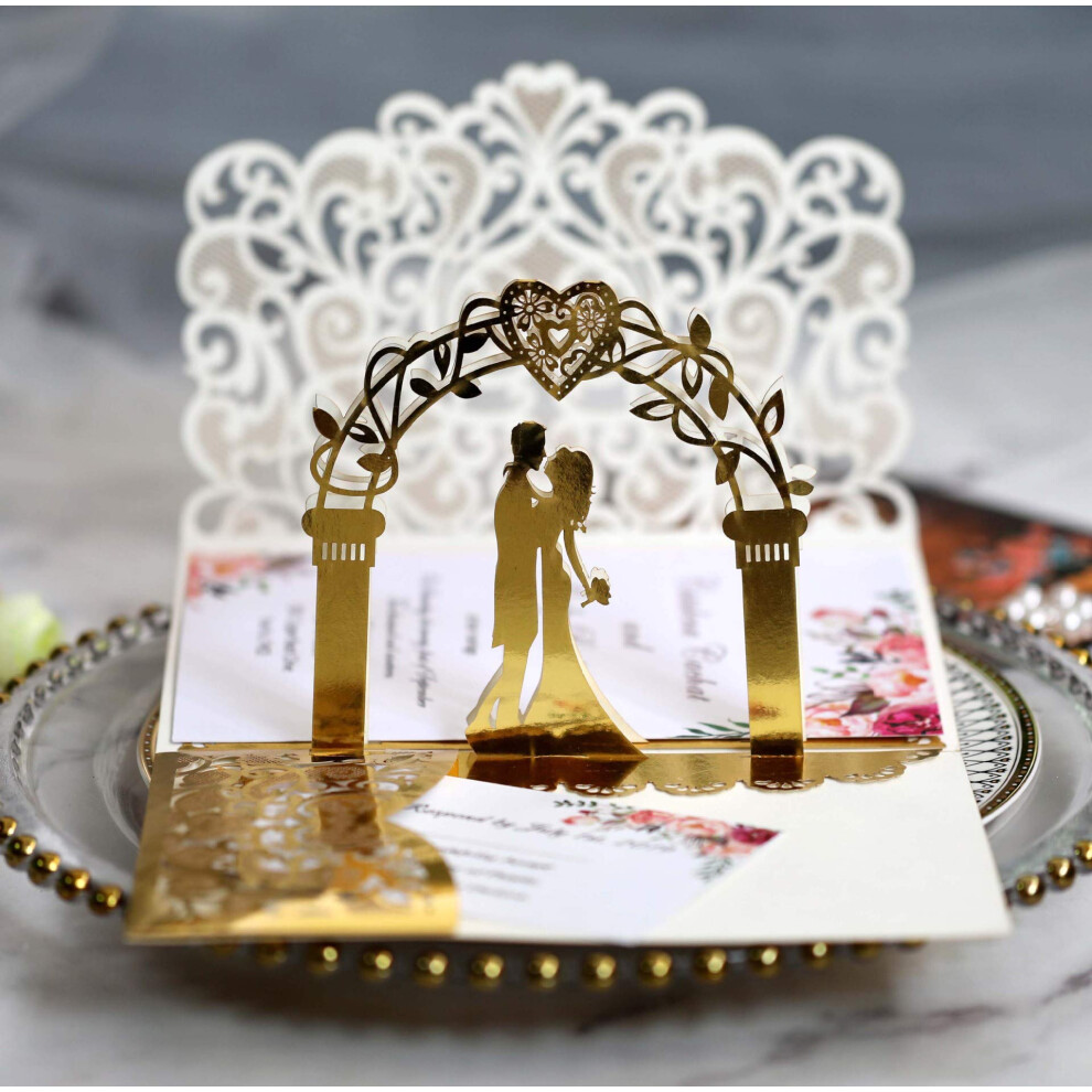 Lot De 10 Cartes D'invitation De Mariage Pop-Up 3D Dor Es Avec Motif Unique De Mari S Se Tenant La Main Pour La F Te De Mariage-image