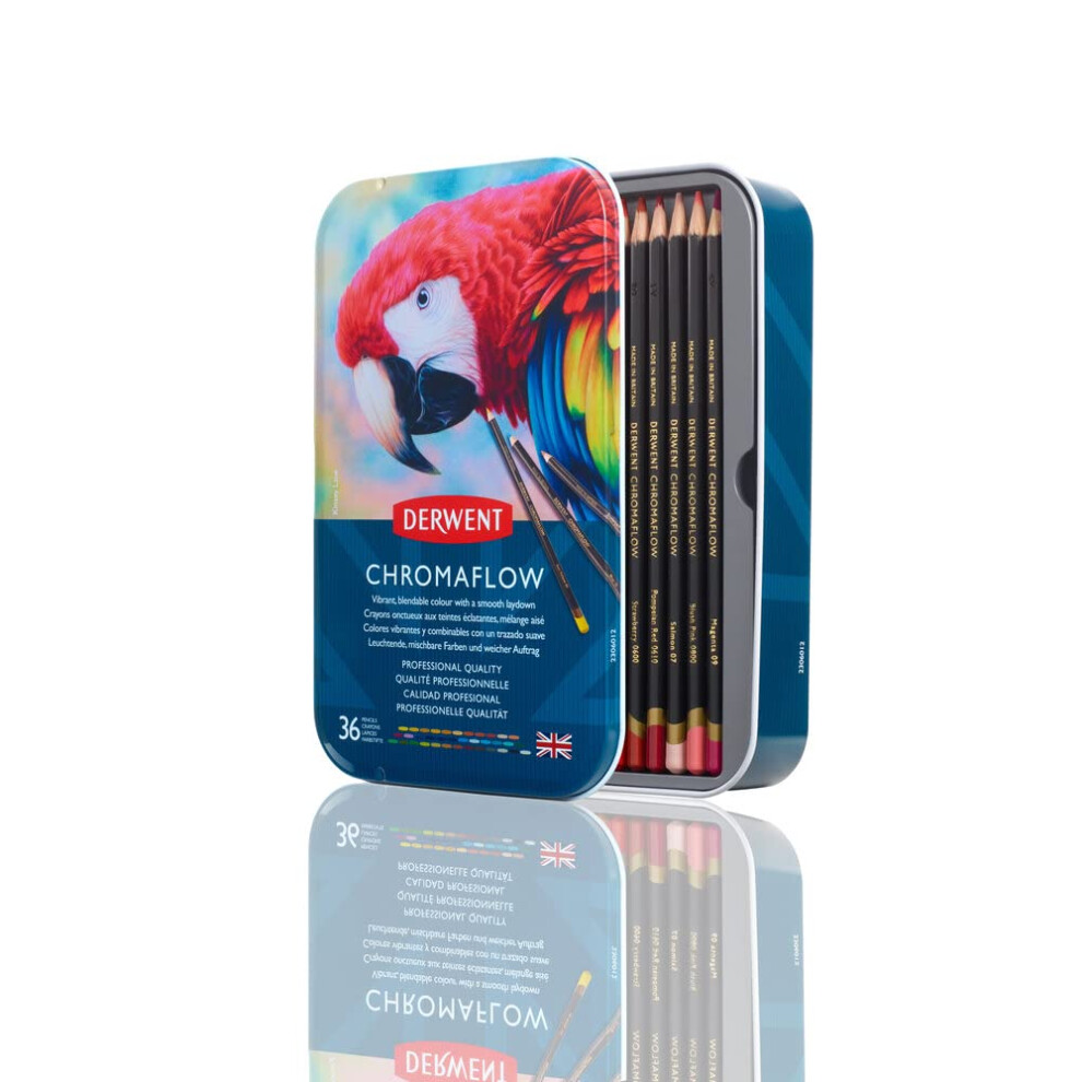 Derwent Chromaflow Colored Pencils 36 Tin  Set of 36  4mm Wide Core  Multicolor  Smooth Texture  Art Supplies for Drawing  Blending  Sketching  Adult