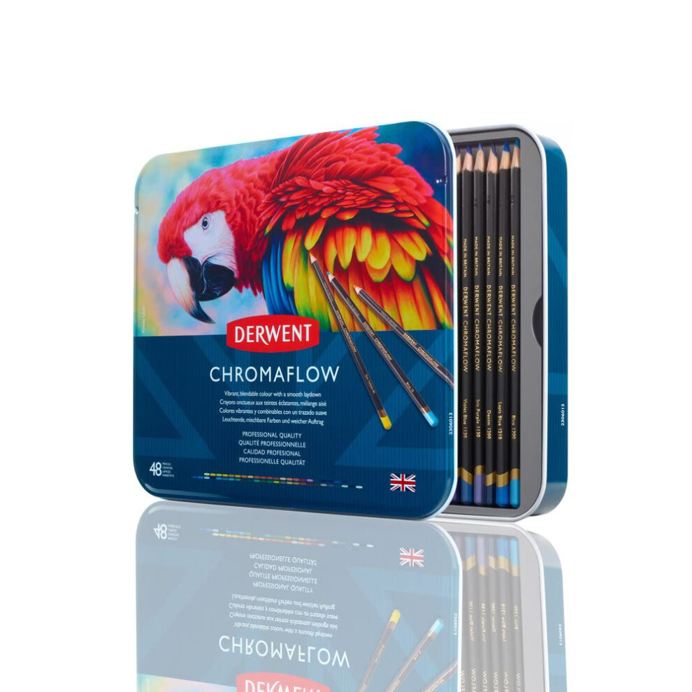 Derwent Chromaflow Colored Pencils Tin  Set of 48  Great for Holiday Gifts  4mm Wide Core  Multicolor  Smooth Texture  Art Supplies for Drawing  Blend