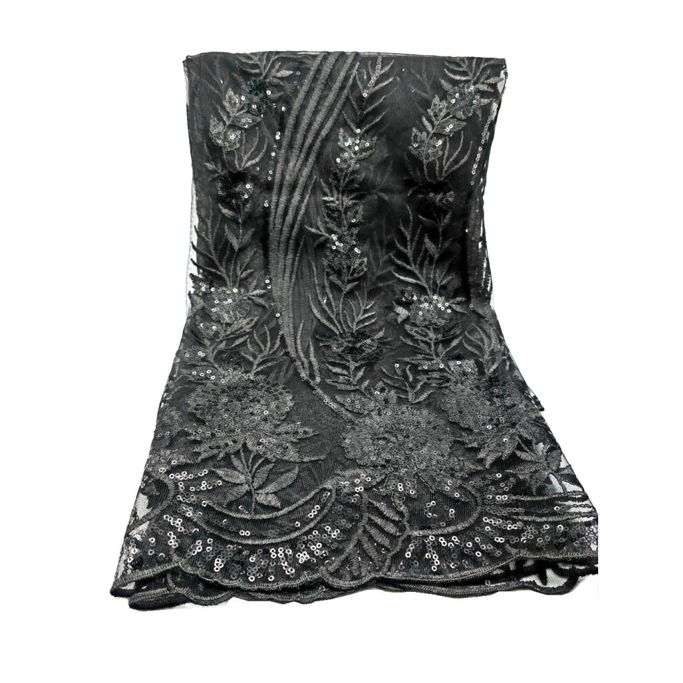 Tissu en dentelle africaine ancienne de 5 m   tres, tissu en dentelle fran   aise brod   e et     paillettes pour mariage, noir 1