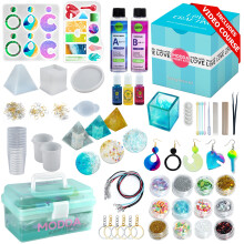 MODDA Epoxyharskit met videocursus Inclusief kleurpigment Siliconen mallen Ketting Koord Oorbelhaken voor het maken van sieraden Epoxyhars Starterkit