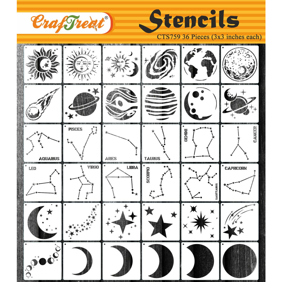 Craftreat Reusable 36 Pieces Zodiac Sign Stencils For Painting (3X3) Sun Moon And Star Stencils Planets Solar System Constellation Stencil Moon Phase 810080762350