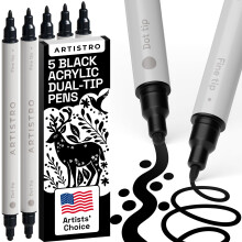 ARTISTRO 5 Zwarte Acrylverf Stiften, Dual Tip Acrylverf Markers voor Textiel, Canvas, Steen, Glas, Hout, Papier