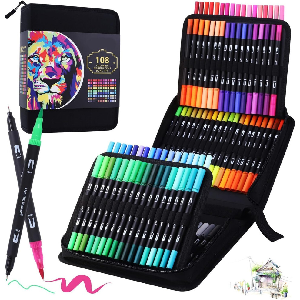 Bemaysz 108 Dual Tip Colouring Pens Brush Pens Felt Tip Pens Pens For Adult Colouring Books Calligraphy Drawing Painting Sketching Highlighting