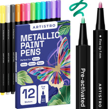 ARTISTRO 12 Metallic Markers with Fine Tip Metallic Acrylic Paint Pens Pre-Activated for Kids & Adults for Black Paper & Rocks