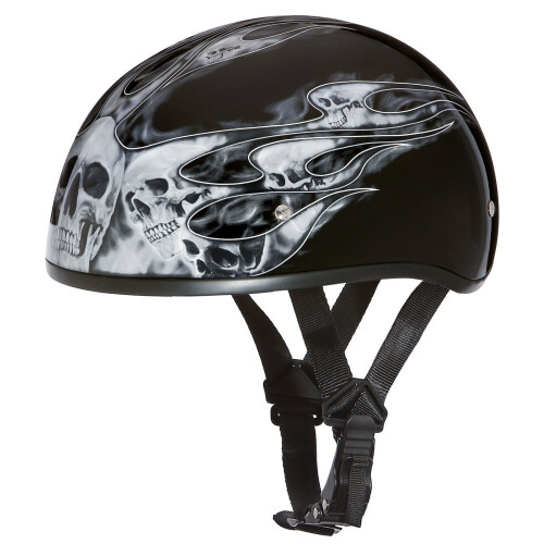 Daytona HELMETS Motorcycle Half Helmet Skull Cap- Skull Flames Silver 100% DOT Approved