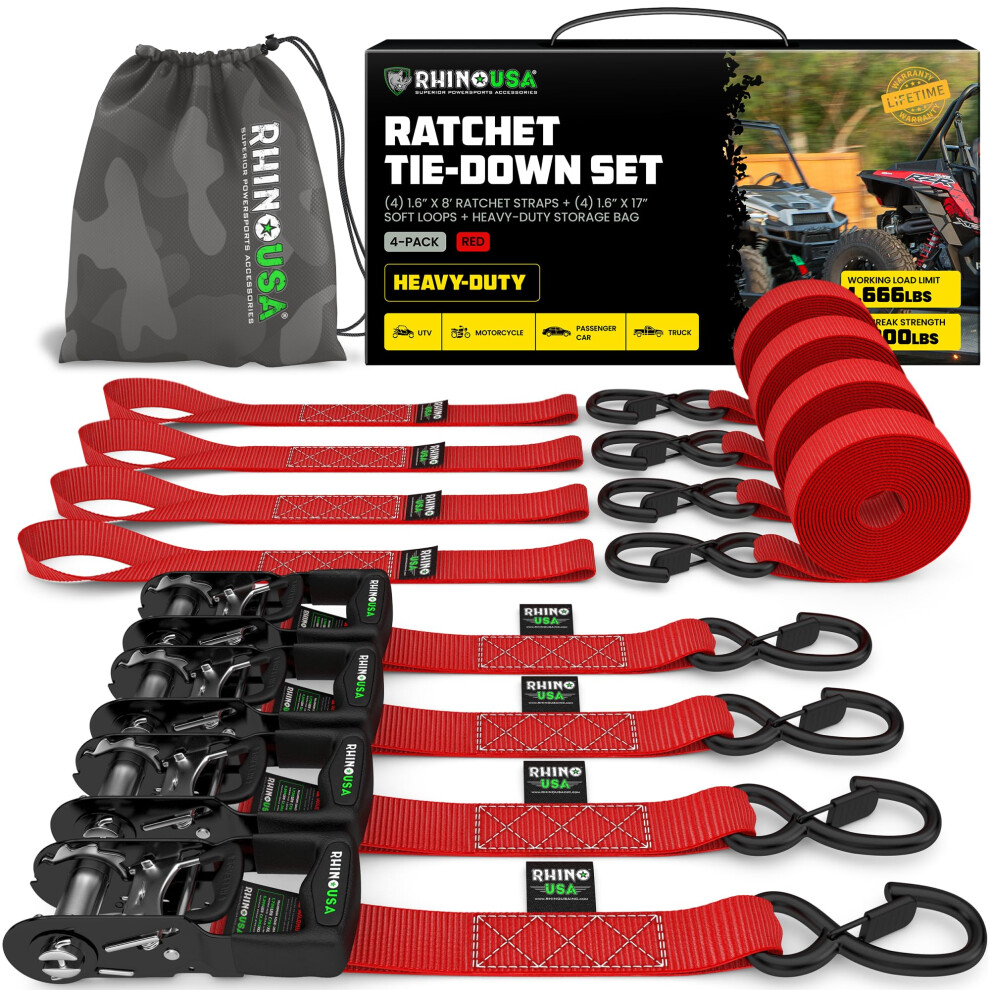 Rhino Usa Ratschengurte Heavy Duty Kit (4Er-Pack) 1,6 Zoll X 8 Fu (5 208Lb Bruchfestigkeit) Ultimative Spanngurte Mit Sicherheits-S-Haken F-image