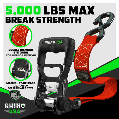 Kit de Fitas de Ratchet Pesadas Rhino USA (4-Pack) - 1.6 Polegadas x 8 Pés (Força de Quebra 5,208lb) 1