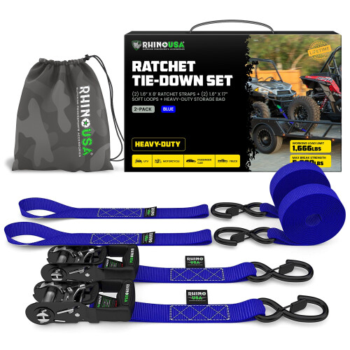 Kit de Correias de Ratchet Pesadas Rhino USA (2-Pack) - 1.6 Polegadas x 8 Pés (Força de Quebra 5,208lb)