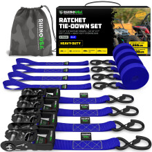 Rhino USA Ratelriemen Heavy Duty Kit (4-pack) - 1,6 inch x 8 voet (5 208lb breeksterkte) - Ultieme spanbanden met veiligheids-S-haken voor vrachtwage