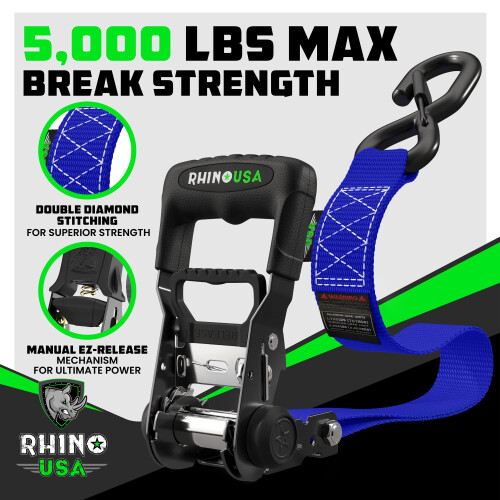 Kit de Correias de Ratchet Pesadas Rhino USA (2-Pack) - 1.6 Polegadas x 8 Pés (Força de Quebra 5,208lb) 1
