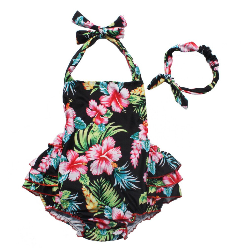 Maillot de bain une pi   ce Redbub     volants et fleurs, avec bandeau (noir moyen)