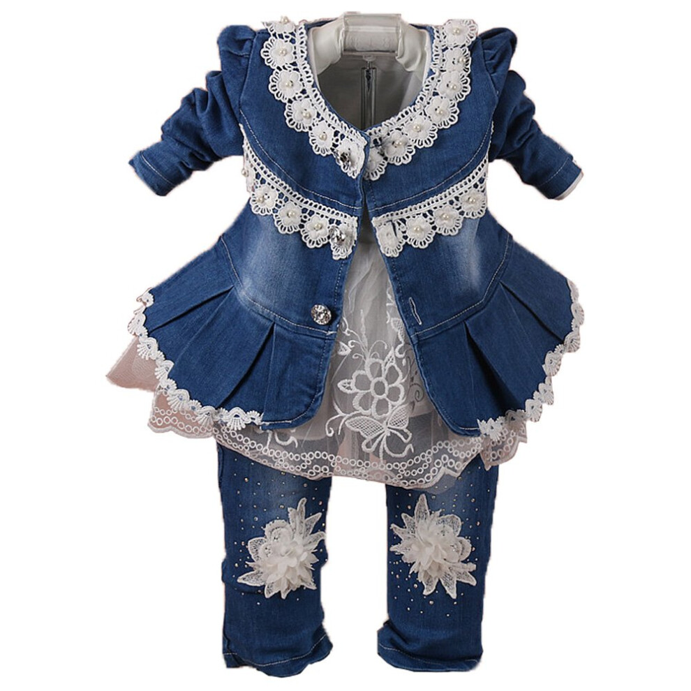 Yao 6M-4Y Ensemble 3 Pi Ces Pour B B Fille, Tenues Pour Tout-Petits, Robe En Dentelle, Veste Et Jean (Fleur Blanche De 1 2 Ans)-image