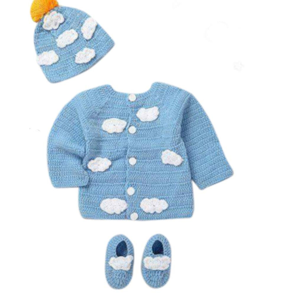Blue Baby Sweater Set -Hand Made Baby Crochet Outfit Set -/Blue Knit Cardigan with Booties & hat Gift Set (0-6 Month  Blue White)-image-OPC-PGC2J7D-NEW